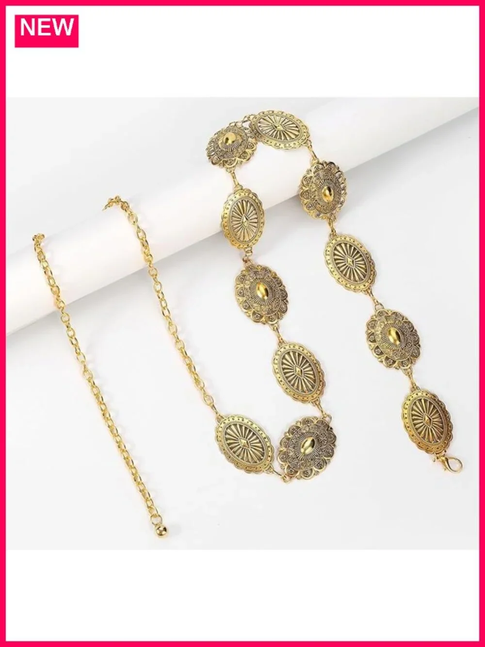 Gold Plated Metal Chain Belt with Conchos - Adjustable Western Waist Chain